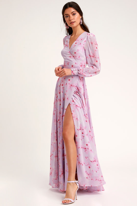 Glam Lavender Floral Dress - Wrap Maxi Dress - Long Sleeve Dress - Lulus